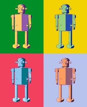 Warhol style illustration of four tin toy robots, each on different contrasting background color