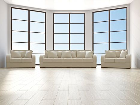 Livingroom with sofa and a armchairs near the windows