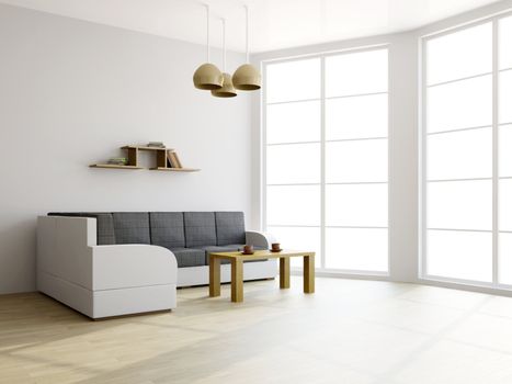 Sofa and a table in the livingroom near the window
