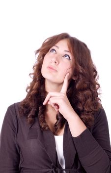 Closeup portrait of a young woman thinking and looking up isolated on white background
