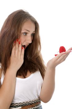Beautiful woman with red gift box with jewellery