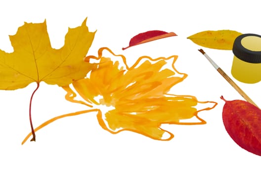 Autumn picture painted with yellow paint on a white background
