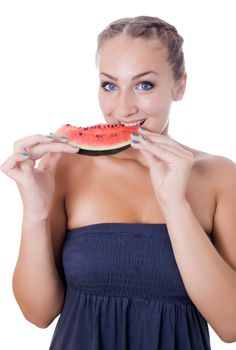 Woman against white background taking a bite of watermelon