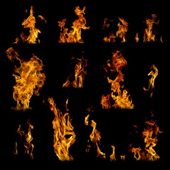 Assorted fire, flames collection on black background 