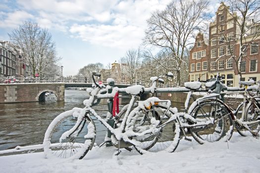 Snowy Amsterdam in the Netherlands