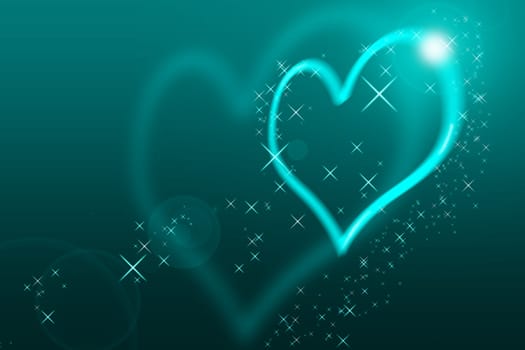 Valentines Day Card With blurred Hearts all in turquoise with lens flares