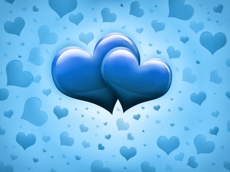 Valentines Day Card with two big blue hearts and many smaller hearts on a bluebackground