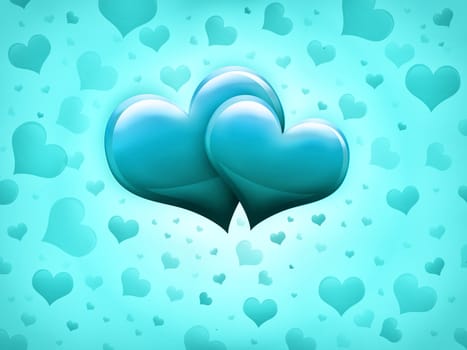 Valentines Day Card with two big turquoise hearts and many smaller hearts on a turquoise background
