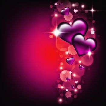 Valentines Day Card with purple Hearts on dark glow background
