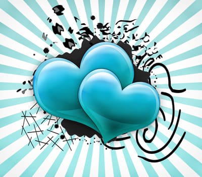 Valentines Day Card with two big turquoise hearts 