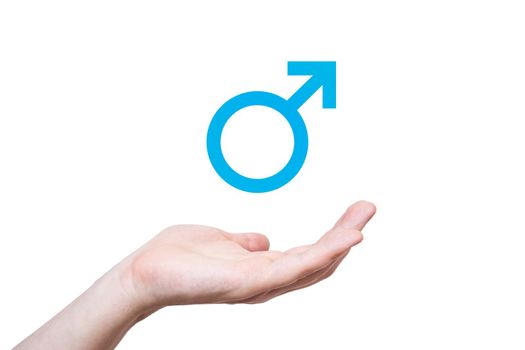 male sex sign, man's hand on white background