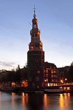 Medieval Watertower in Amsterdam the Netherlands at twilight