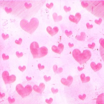 abstract pink retro background with violet striped hearts, old paper card