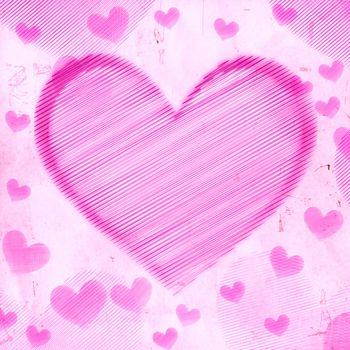 abstract pink retro background, purple striped hearts with one big in the middle, old paper card