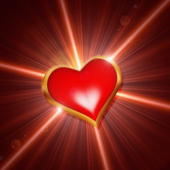 3d shining golden red heart with rays of light over glittering background