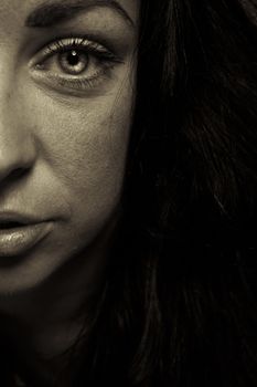 horror emotion expression dark girl face, close up