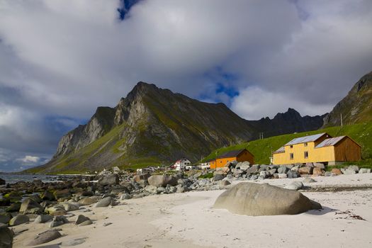 Scenic beach on Lofoten islands in Norway during arctic summer