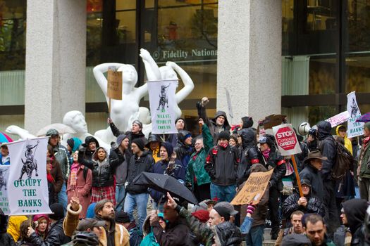 PORTLAND, OREGON - NOV 17: Protestors in Downtown Portland, Oregon during a Occupy Portland Protest Against Banks on the first anniversary of Occupy Wall Street November 17, 2011