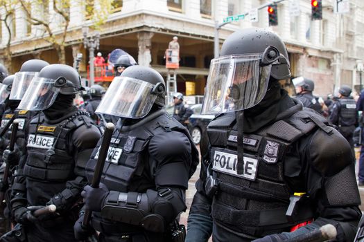 PORTLAND, OREGON - NOV 17: Police in Riot Gear in Downtown Portland, Oregon during a Occupy Portland protest on the first anniversary of Occupy Wall Street November 17, 2011