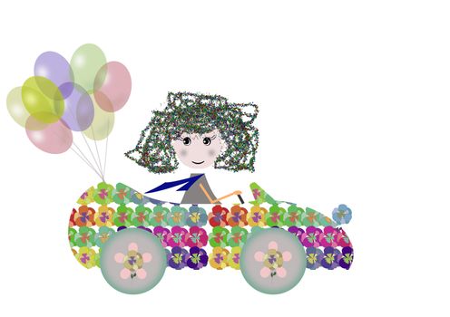 child drives her automobile made of flowers
