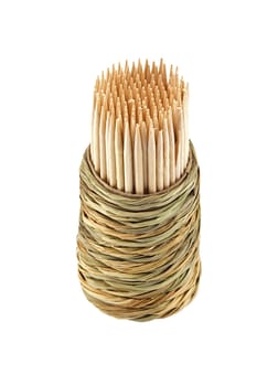 Toothpicks in a braided container isolated on white