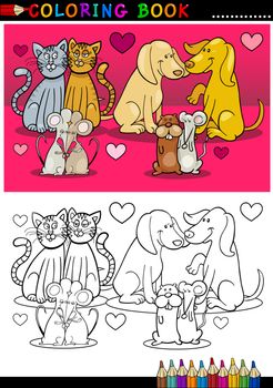 Valentines Day Themes of Animals or Pets in Love Colorful and Black and White Cartoon Illustrations for Coloring Book