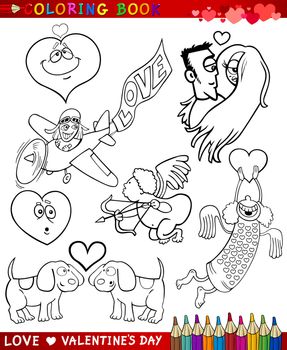 Valentines Day and Love Themes Collection Set of Black and White Cartoon Illustrations for Coloring Book