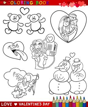 Valentines Day and Love Themes Collection Set of Black and White Cartoon Illustrations for Coloring Book