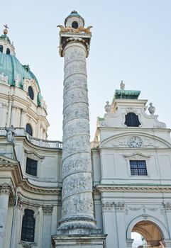 Detail of a beautiful ornamental column of Karlskirche, the Church of St. Charles - Vienna, Austria