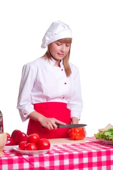 attractive woman cuts vegetables, cooking dinner, white background