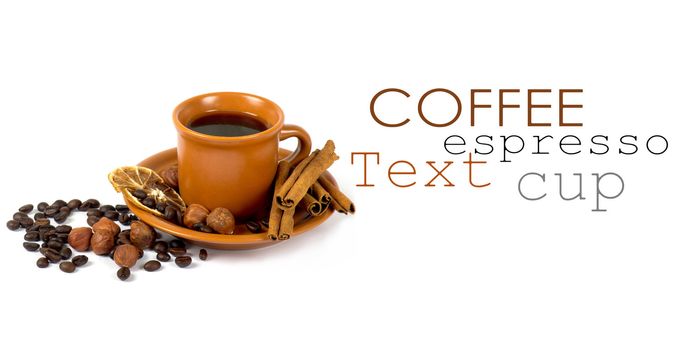 Cup of coffee with ingredients on a white background
