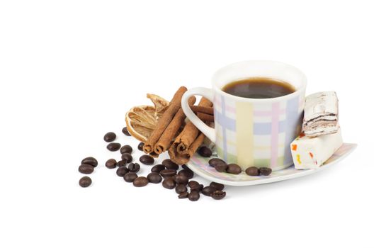 Cup of coffee with ingredients on a white background