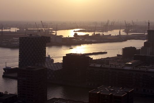 The harbor from Rotterdam at twilight in the Netherlands