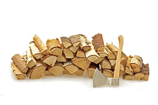 Wood blocks and an ax on a white background