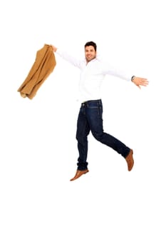 handsome business man jumping isolated on a white background