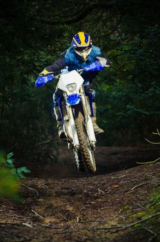 Enduro bike rider on action. Small jamp on muddy terrain.