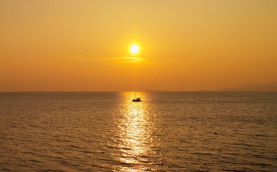 fishing boat sails under the sunset
