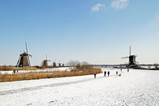 Ice skating at Kinderdijk in the Netherland