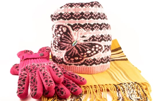 Female  winter hat, pink gloves and checkered scarf