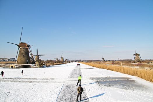 Ice skating at Kinderdijk in the Netherlands
