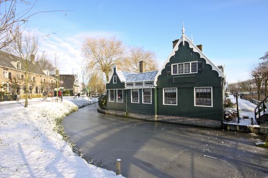 Typical dutch winter scenic at Zaanse Schans in the Netherlands