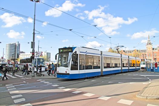 Trams at Central Station in Amsterdam the Netherlands