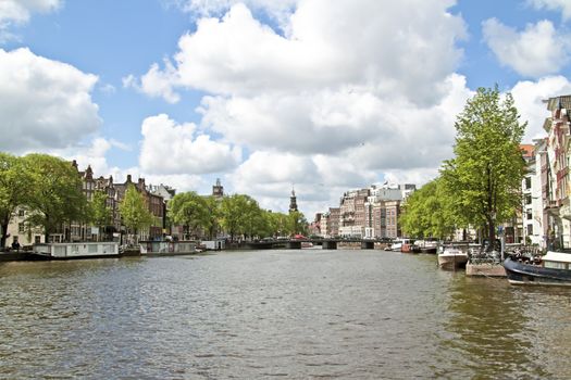 City scenic from Amsterdam with the Munt tower in the Netherlands