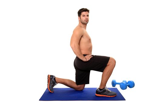 fitness instructor on a workout mat isolated on a white background