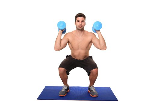 fitness instructor on a workout mat isolated on a white background