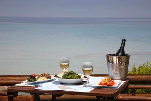 lunch table for two  at restaurant by the sea