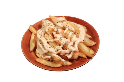 fried potatoes with mayonnaise served on a plate