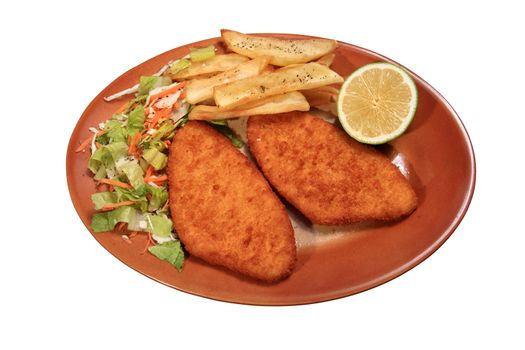 fried chicken served on a plate with vegetables and fried potatoes