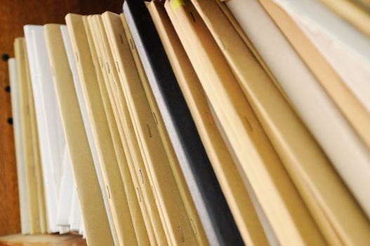 Wooden shelf with file folders, archival documents.