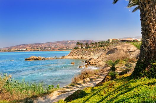 View of the Mediterranean resort. Cyprus. Sea shore overlooking the hotels.